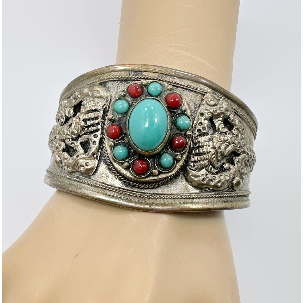 Tibetan Cuff, Boho, Red, Turquoise, Old, Patina, Vintage Bracelet, Nepal